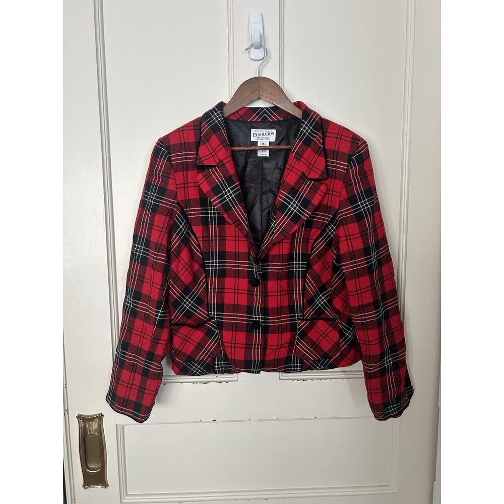Vintage Pendleton Wool Tartan Plaid Blazer Womens Size 16 Red Classic Holiday